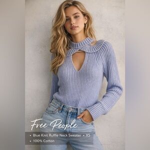 Free People Blue Knit Ruffle Neck Sweater XS Cotton Boho